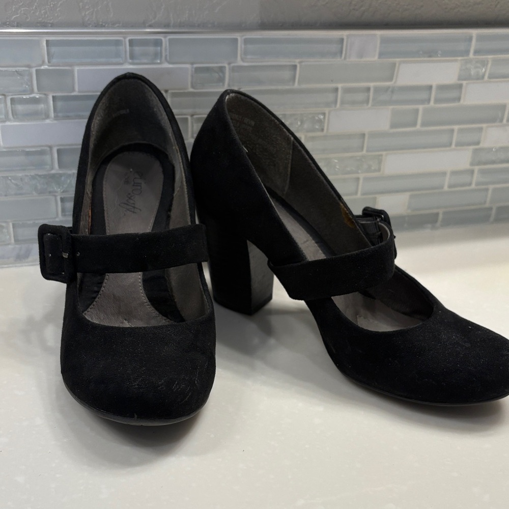 Black Suede Mary Jane Block Heel Pumps for Women